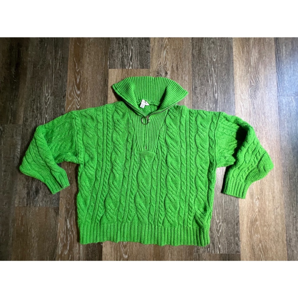 Topshop Cable Knit Sweater Womens‎ S Green Excellent Quarter Zip Pullover Neon